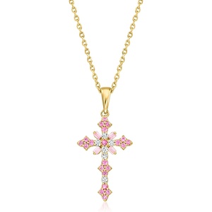 image:imageRossSimons 029 ct tw Pink Sapphire Cross Pendant Necklace With Diamonds in 18kt Gold Over SterlingSapphire