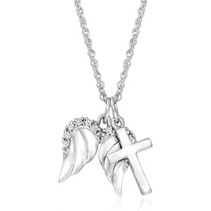 image:imageRossSimons 14kt White Gold Cross and Angel Wings Pendant Necklace With DiamondsDiamond