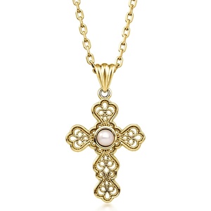 image:imageRossSimons 14kt Yellow GoldPlated Filigree Cross Necklace With 35mm Cultured Pearl18 Inches