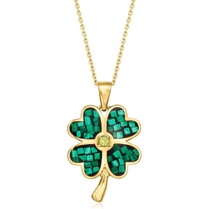 image:imageRossSimons Carved Malachite Inlay 4Leaf Clover Pendant Necklace With 10 Carat Peridot in 18kt Gold Over Sterling 18 inches