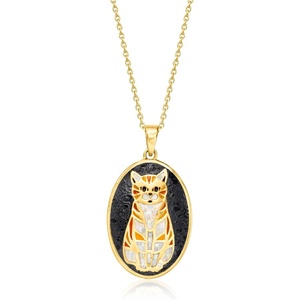 image:imageRossSimons MotherOfPearl Onyx and Orange Enamel Cat Mosaic Pendant Necklace in 18kt Gold Over Sterling 18 inches