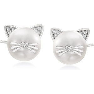 image:imageRossSimons 885mm Cultured Pearl Cat Earrings with Diamond Accents in Sterling Silver038 Inches