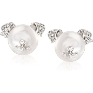 image:imageRossSimons 885mm Cultured Pearl Dog Earrings With Diamond Accents in Sterling Silver