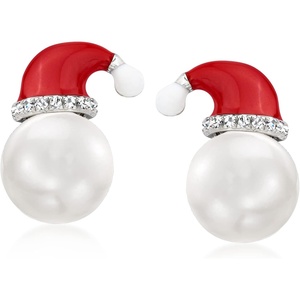 image:imageRossSimons 885mm Cultured Pearl and Multicolored Enamel Santa Hat Earrings in Sterling Silver