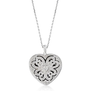 image:imageRossSimons Sterling Silver Scrolled Heart Locket Necklace With Diamonds 16 inches