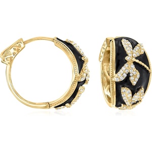 image:imageRossSimons 080 ct tw White Topaz and Black Enamel Dragonfly Hoop Earrings in 18kt Gold Over Sterling
