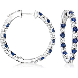 image:imageRossSimons 100 ct tw Sapphire and 100 ct tw Diamond InsideOutside Hoop Earrings in Sterling Silver