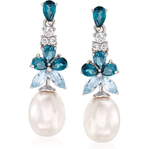 image:imageRossSimons 859mm Cultured Pearl and 230 ct tw London Sky Blue and White Topaz Drop Earrings in Sterling Silver