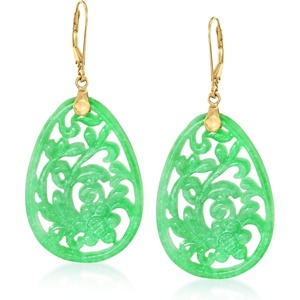 image:imageRossSimons Carved Jade Floral Drop Earrings in 14kt Yellow Gold