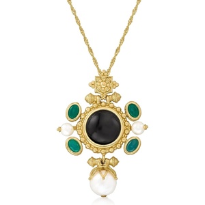 image:imageRossSimons Italian Cultured Pearl Black Onyx and Green Agate Pendant Necklace in 18kt Gold Over Sterling Silver