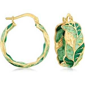 image:imageRossSimons Italian Green Enamel Leaf Vine Hoop Earrings in 14kt Yellow Gold