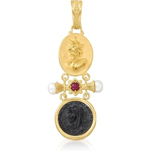 image:imageRossSimons Italian Tagliamonte Carved Black Onyx and 30 Carat Ruby Pendant With Cultured Pearls in 18kt Gold Over Sterling