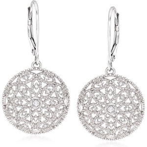 image:imageRossSimons 010 ct tw Diamond Floral Openwork Circle Drop Earrings in Sterling Silver