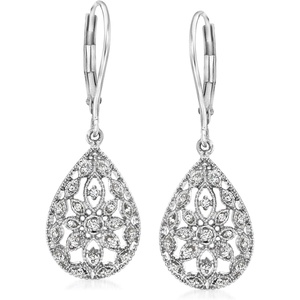 image:imageRossSimons 010 ct tw Diamond Openwork Teardrop Earrings in SterlingDiamond