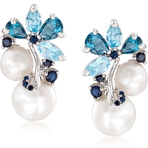 image:imageRossSimons 685mm Cultured Pearl and 200 ct tw Sky Blue Topaz and London Blue Topaz Earrings With 10 ct tw Sapphires in Sterling Silver