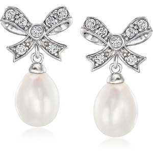 image:imageRossSimons 89mm Cultured Pearl and 30 ct tw White Topaz Bow Drop Earrings in Sterling Silver