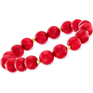 image:imageRossSimons 10mm Red Coral Bead Stretch Bracelet With 14kt Yellow Gold 7 inches