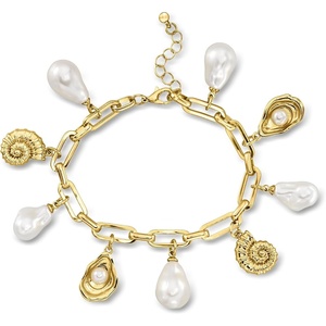 image:imageRossSimons 14kt Yellow GoldPlated Paper Clip Link Seashell Charm Bracelet With Simulated Baroque Pearls 7 inches