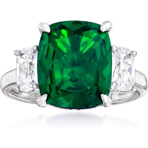 image:imageRossSimons 600 Carat Simulated Emerald and 110 ct tw CZ 3Stone Ring in Sterling SilverEmerald