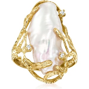 image:imageRossSimons 24x10mm Cultured Baroque Pearl Ring With Diamonds in 14kt Yellow Gold