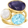 image:imageRossSimons 8mm Cultured Pearl 650 Carat Sapphire and 380 Carat Sky Blue Topaz Ring in 18kt Gold Over Sterling
