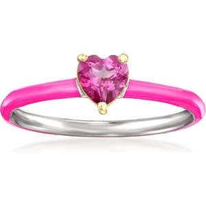 image:imagePure Collection by RossSimons 050 Carat Pink Topaz Heart Ring With Single Diamond and Pink Enamel in Sterling Silver and 14kt Yellow GoldTopaz