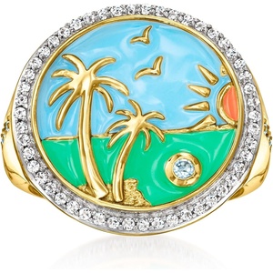 image:imageRossSimons 030 ct tw White Topaz and Multicolored Enamel Beach Ring With 10 Carat Swiss Blue Topaz in 18kt Gold Over SterlingTopaz