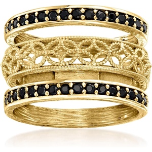 image:imageRossSimons 060 ct tw Black Spinel and Scrollwork Jewelry Set 3 Rings in 18kt Gold Over SterlingSpinel