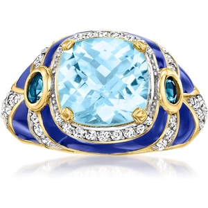 image:imageRossSimons 440 ct tw London and Sky Blue Topaz and 50 ct tw White Zircon Ring With Blue Enamel in 18kt Gold Over SterlingTopaz