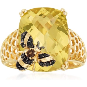 image:imageRossSimons 875 Carat Lemon Quartz Bumblebee Ring With Smoky Quartz and Black Spinels in 18kt Gold Over SterlingQuartz