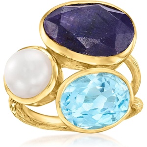 image:imageRossSimons 8mm Cultured Pearl 650 Carat Sapphire and 380 Carat Sky Blue Topaz Ring in 18kt Gold Over Sterling