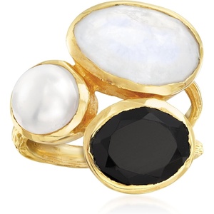 image:imageRossSimons Onyx Moonstone and 8mm Cultured Pearl Ring in 18kt Gold Over Sterling