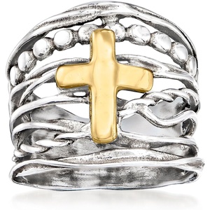 image:imageRossSimons Sterling Silver and 14kt Yellow Gold MultiRow Cross RingOther