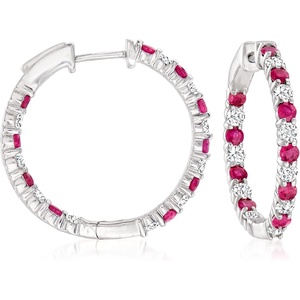 image:imageRossSimons 100 ct tw Ruby and 100 ct tw Diamond InsideOutside Hoop Earrings in Sterling Silver