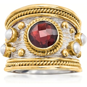image:imageRossSimons 220 Carat Garnet and 3mm Cultured Pearl Ring in Sterling Silver and 18kt Gold Over Silver