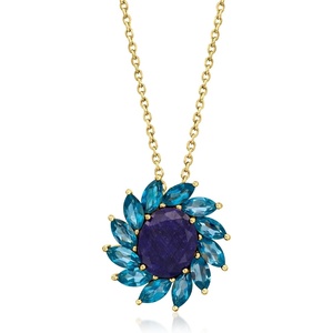 image:imageRossSimons 430 Carat Sapphire and 330 ct tw London Blue Topaz Flower Pendant Necklace in 18kt Gold Over Sterling 18 inches