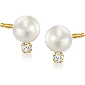 image:imagePure Collection by RossSimons 555mm Cultured Pearl Stud Earrings With Diamonds in 14kt Yellow Gold