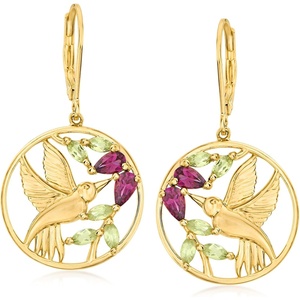 image:imageRossSimons 090 ct tw Rhodolite Garnet and 70 ct tw Peridot Hummingbird Drop Earrings in 18kt Gold Over Sterling