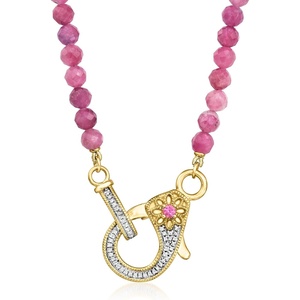image:imageRossSimons 4500 ct tw Pink Tourmaline Bead and 11 ct tw Diamond Lobster Clasp Necklace With Single Rhodolite Garnet in 18kt Gold Over Sterlingrhodolitegarnet