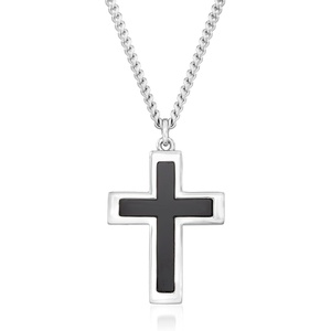 image:imageRossSimons Mens Onyx Cross Pendant Necklace in Sterling Silver and Stainless Steel 24 inches