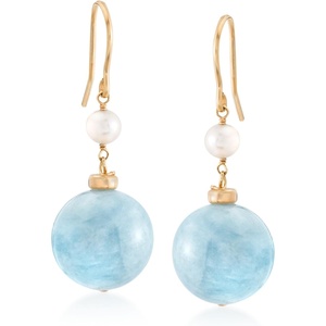 image:imageRossSimons 3500 ct tw Milky Aquamarine and 45mm Cultured Pearl Drop Earrings in 18kt Gold Over Sterling