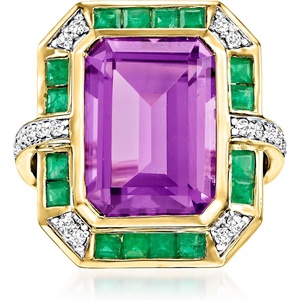 image:imageRossSimons 700 Carat Amethyst 80 ct tw Emerald and 20 ct tw Diamond Ring in 14kt Yellow GoldAmethyst