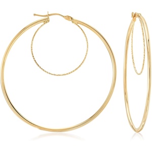 image:imageRossSimons Italian 10kt Yellow Gold Textured and Polished DoubleHoop Earrings