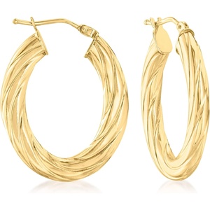image:imageRossSimons Italian 10kt Yellow Gold Textured and Polished Oval Hoop Earrings