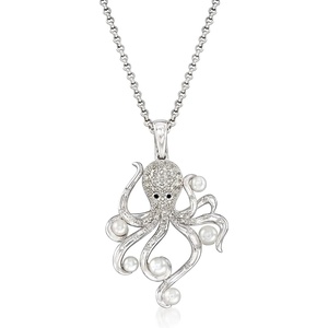 image:imageRossSimons 3545mm Cultured Pearl and 19 ct tw Diamond Octopus Pendant Necklace in Sterling Silver 18 inches