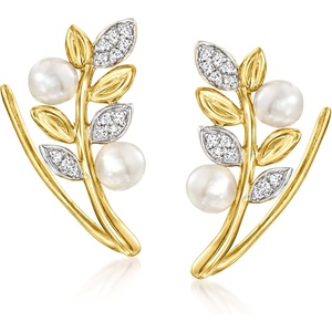 image:imageRossSimons 354mm Cultured Pearl Leaf Ear Climbers With Diamonds in 14kt Yellow Gold