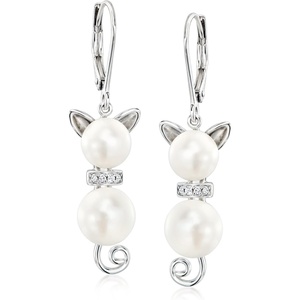 image:imageRossSimons 759mm Cultured Pearl and DiamondAccented Cat Drop Earrings in Sterling Silver