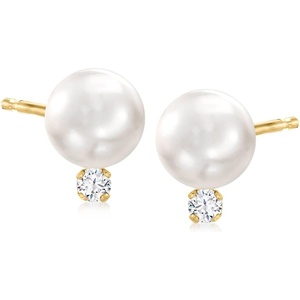 image:imageRossSimons 775mm Cultured Akoya Pearl and 10 ct tw Diamond Accent Earrings in 14kt Yellow Gold