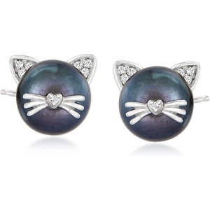 image:imageRossSimons 885mm Cultured Pearl Cat Earrings with Diamond Accents in Sterling Silver