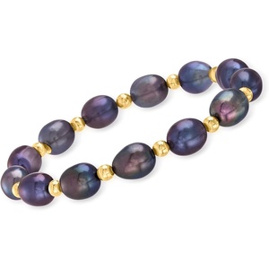 image:imageRossSimons 89mm Black Cultured Pearl and 14kt Yellow Gold Bead Stretch Braceletno gemstone